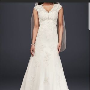 Brand new-David’s bridal-All Over Beaded Lace Trumpet Wedding Dress cap sleeves.